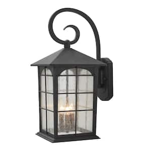 Brimfield 22 in. 3-Light Aged Iron Hardwired Outdoor Wall Lantern Sconce with Clear Seedy Glass