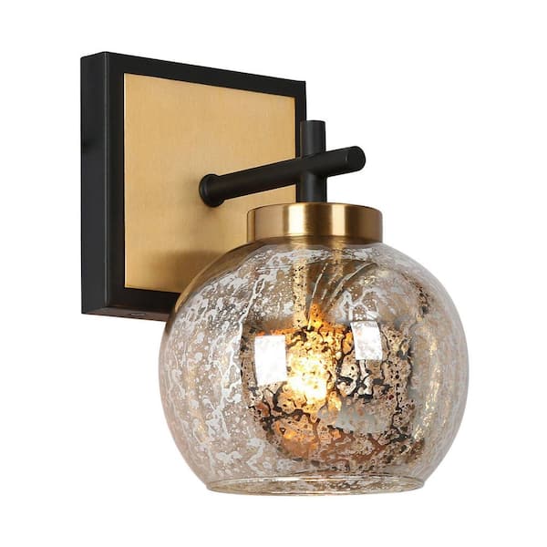 Ceedar Modern 1-Light Brass Gold Indoor Wall Sconce, Globe Mercury Glass Wall Light, Modern Black Bathroom Vanity Light