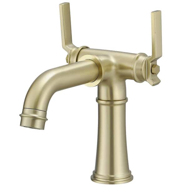 FLG Double Handle Single Hole Bathroom Faucet with Pop-up Drain Kit Included Modern Brass Sink Basin Faucets in Brushed Gold