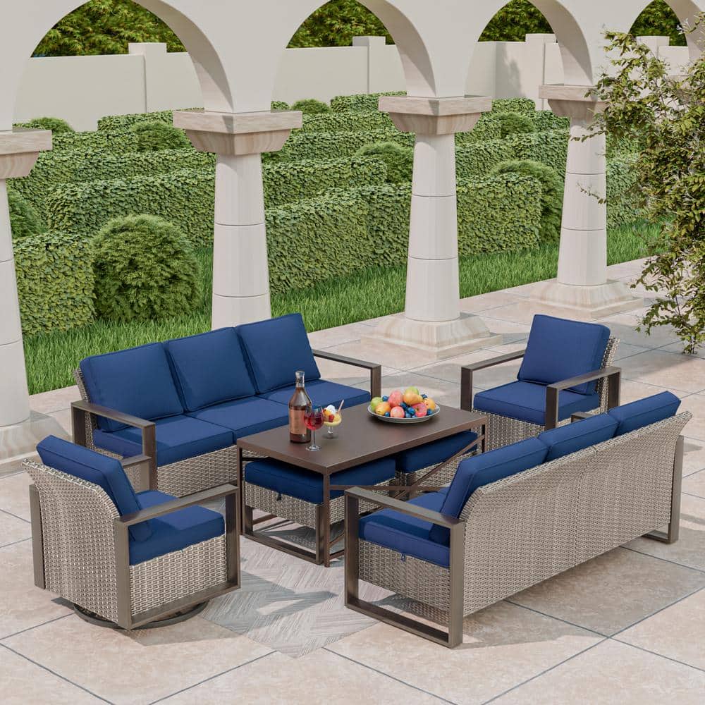 7-Piece Wicker Outdoor Patio Conversation Set with Blue Cushions and Coffee Table price history on PriceWatchPro