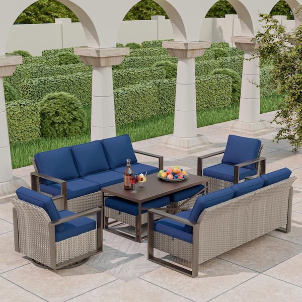 7-Piece Wicker Outdoor Patio Conversation Set with Blue Cushions and Coffee Table
