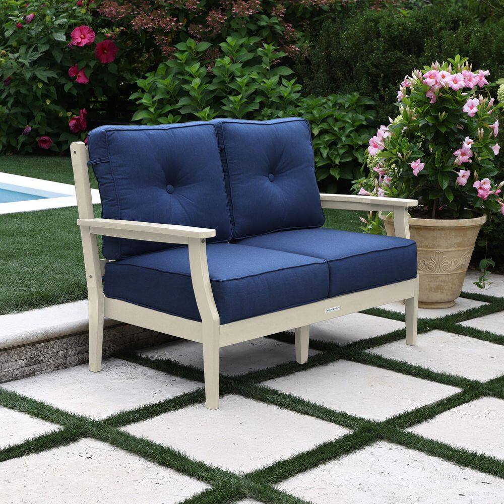 Lehigh Whitewash Recycled Plastic Outdoor Deep Seating Loveseat with Sunbrella Spectrum Indigo Cushions price history on PriceWatchPro