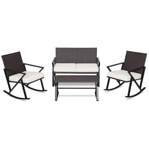 4-Pieces Wicker Patio Rocking Conversation Set with Off White Cushions