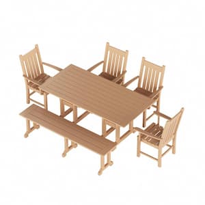 Hayes 6-Piece HDPE Plastic Outdoor Patio Rectangle Table Dining Set with Bench and Armchairs in Teak