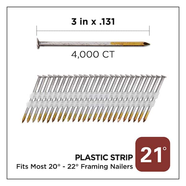 3 in. x 0.131-Gauge 21° Bright Finish Smooth Shank Plastic Strip Framing Nails (4000 per Box)