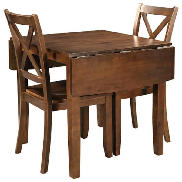 Unbranded Brown 3-Piece Wood Extendable Drop Leaf Table and Cross Back Comfortable Chairs Ourdoor Dining Set Easy Assemble
