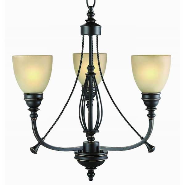 Hampton Bay 3-Light Bronze Chandelier with Tea Stained Glass Shades