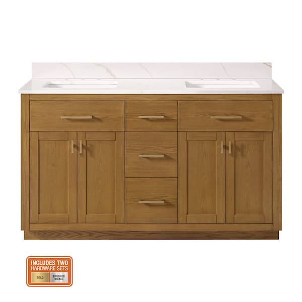 Brockham 60 in. Double Sink Freestanding Bathroom Vanity in Caramel Oak with Calacatta Gold Quartz Top (Assembled)