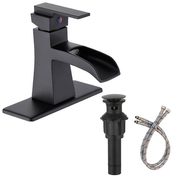 HOMEMYSTIQUE Single Handle Waterfall Spout Bathroom Sink Faucet with Deckplate, Pop-Up Drain, and Supply Lines in Matte Black