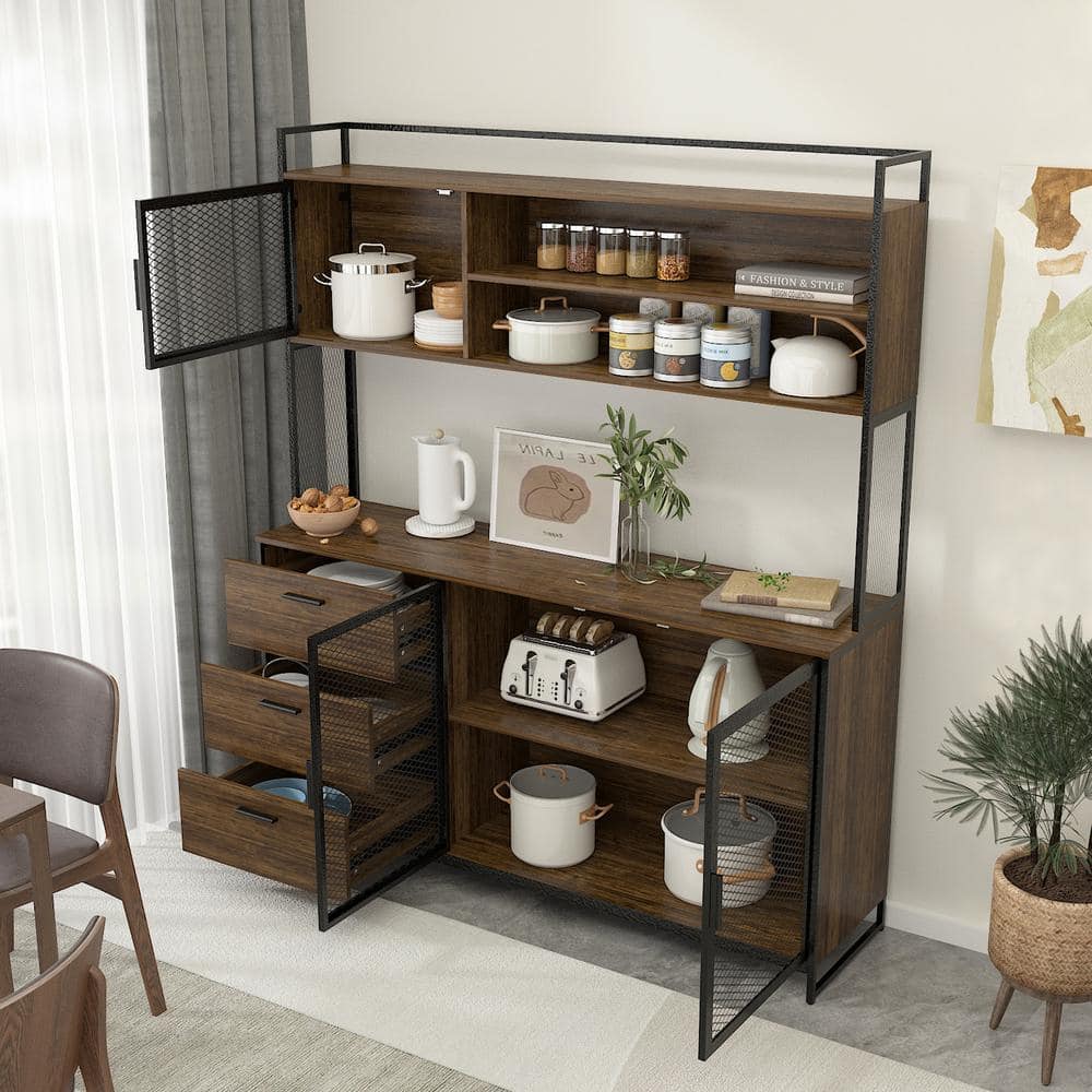 Brown Wood and Metal Mesh 3-Door Kitchen Pantry Cabinet