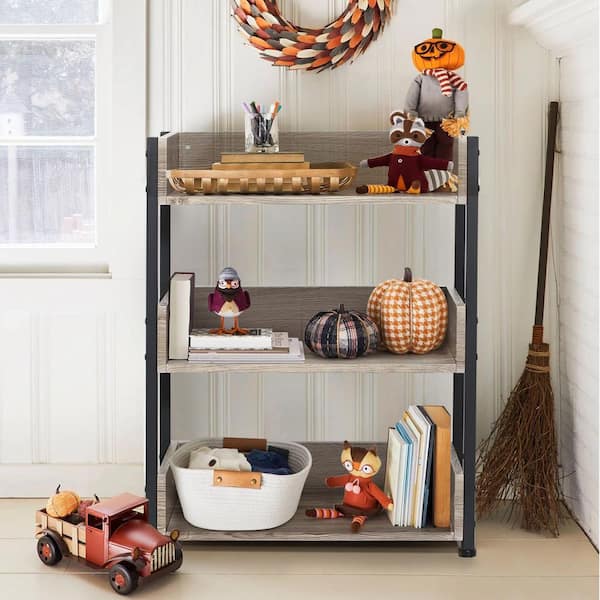 VECELO Compact 3-Tier Bookshelf, Rustic Wood Storage Organizer