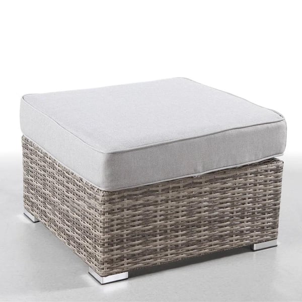 Mondawe Brown Wicker Outdoor Ottoman with Gray Cushion