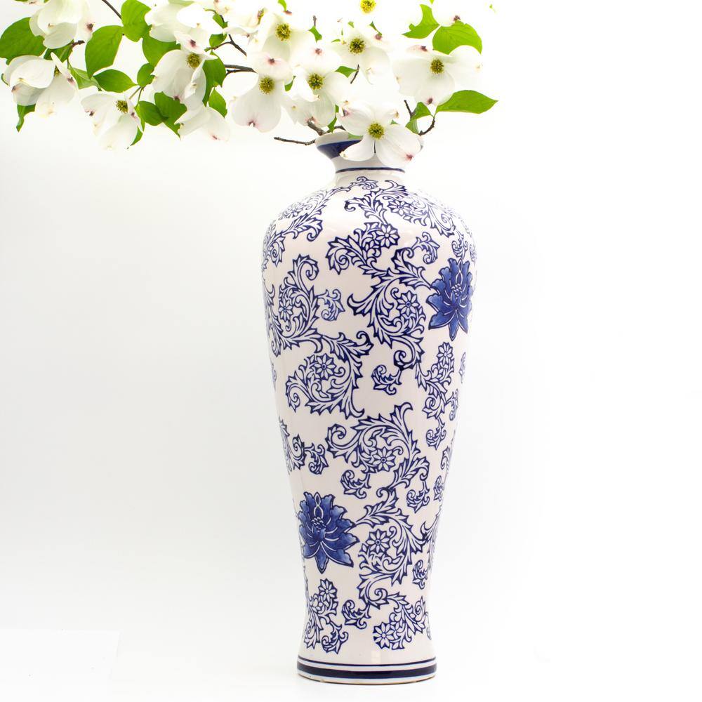 Tall Blue and White Ceramic Table Vase
