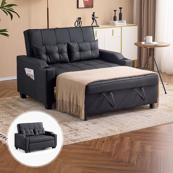 70.47 in. Black Cat-Scratch Leather Twin Size Sofa Bed