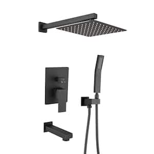 2-Spray Patterns with 1.8 GPM 12 in. Wall Mount Dual Shower Heads with Bath Tub Faucet in Matte Black (Valve Included)