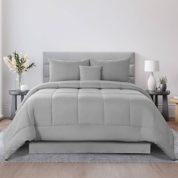 5-Piece Medium Warmth Reversible Solid Gray Microfiber King Bed in a Bag