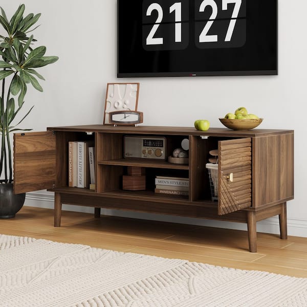 Walnut 43.3 in. Mid Century TV Stand w/Grille Doors, Solid Wood Legs Media Console (Max TV 45 in.)