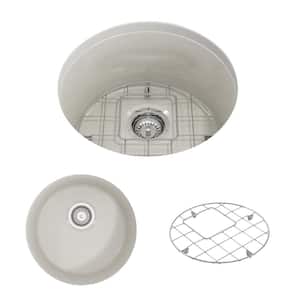 Sotto Drop-in/Undermount Fireclay 18.5 in. Single Bowl Round Kitchen Sink with Bottom Grid and Strainer in Biscuit