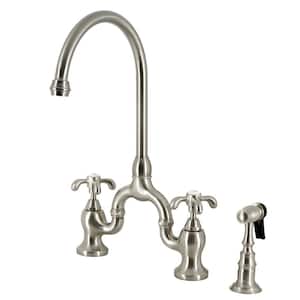 French Country Double-Handle Deck Mount Gooseneck Bridge Kitchen Faucet with Brass Sprayer in Brushed Nickel