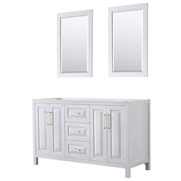 Wyndham Collection Daria 59 in. W x 21.5 in. D x 35 in. H Bath Vanity Cabinet without Top in White with Gold Trim and 24 in. Mirrors