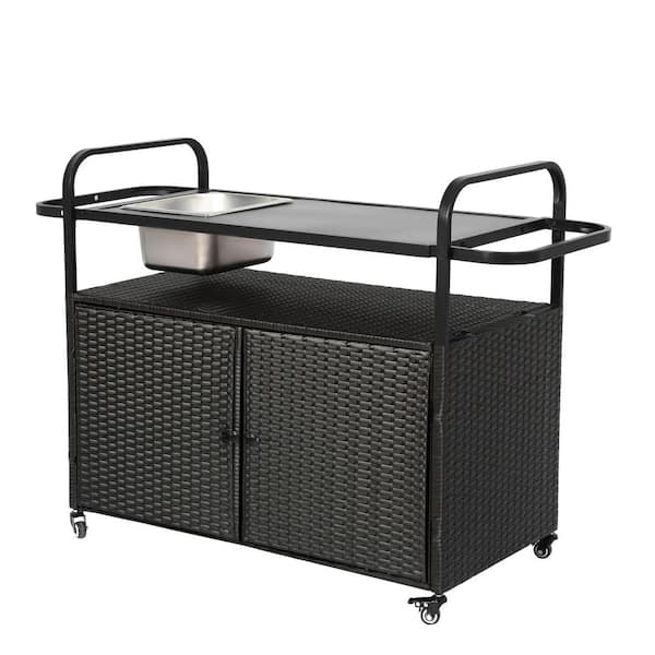 Otryad 51 in. Black Metal Outdoor Bar Cart, Patio Serving Cart Bar Table with Wicker Cabinet, Wine Rack and Ice Bucket