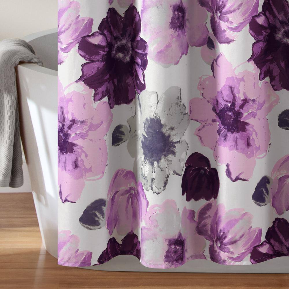 Leah Floral Purple and Gray Polyester Shower Curtain 72" x 72"