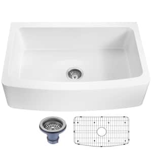 Mesa Matte White Solid Surface 33 in. Single Bowl Farmhouse Apron Kitchen Sink with Strainer