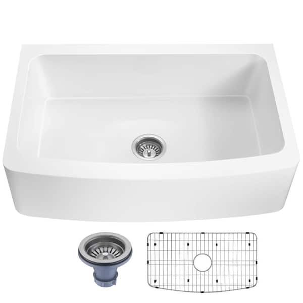 ANZZI Mesa Matte White Solid Surface 33 in. Single Bowl Farmhouse Apron Kitchen Sink with Strainer