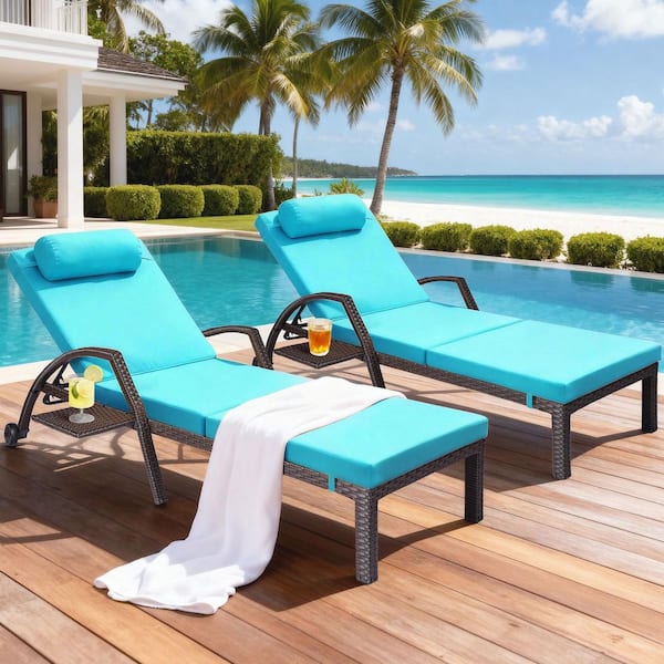 Dark Brown Wicker Outdoor Chaise Lounge with Blue Cushions (2 PCS /Set)