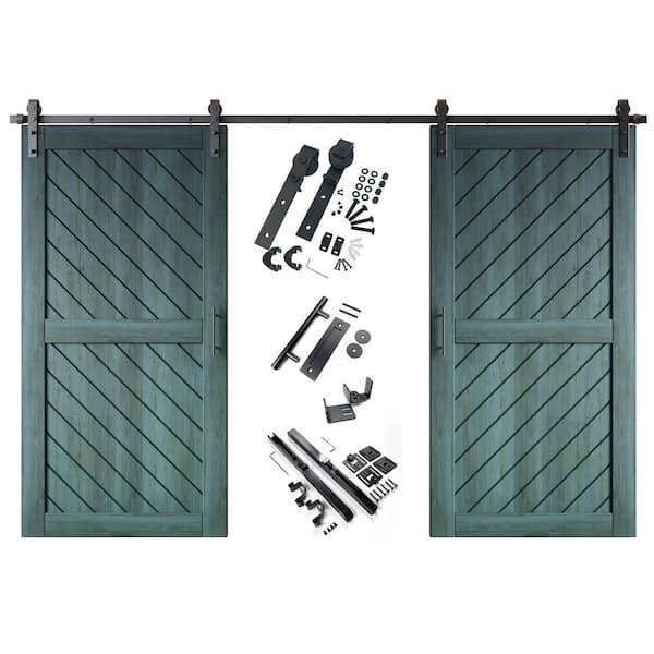 HOMACER XT2 32 in. x 80 in. C-Panel Royal Pine Slanted Stripe Design Double Pine Wood Sliding Barn Door with Hardware Kit