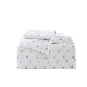 Starfish Treasure 4-Piece Blue Botanical Washed Cotton Queen Sheet Set