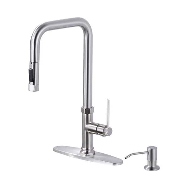 17 in. Single Handle Pull Down Sprayer Kitchen Faucet with 360° 2-Mode Spray and Soap Dispenser in Brushed Nickel