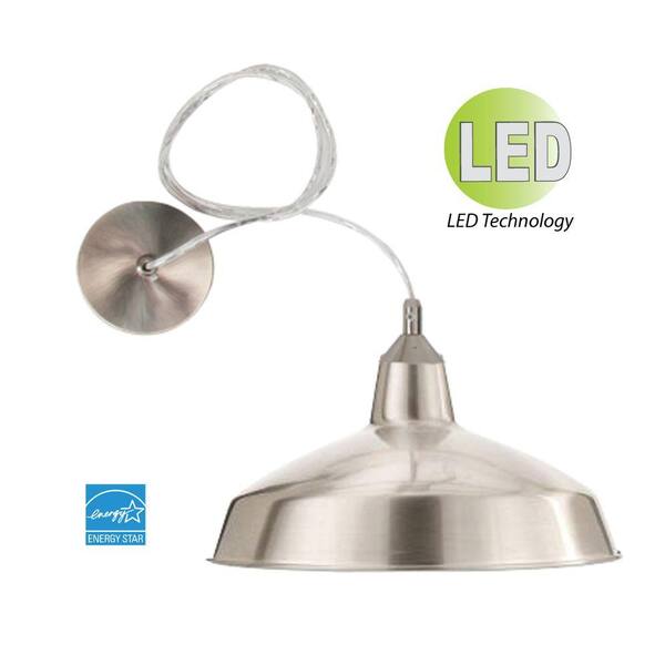 HomeSelects 1-Light Nickel LED Round Utility Shop-Light Pendant with Removable Wire Guard
