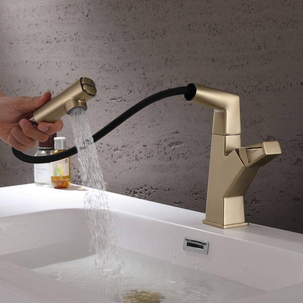 Brushed Gold Deck-Mounted Bathroom Faucet with Pull Out Sprayer