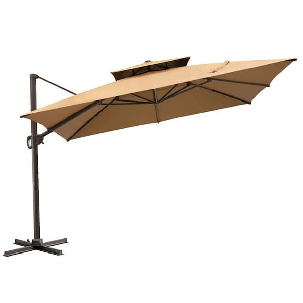 HomeRoots 11 ft. Tan Polyester Round Tilt Cantilever Patio Umbrella with Stand