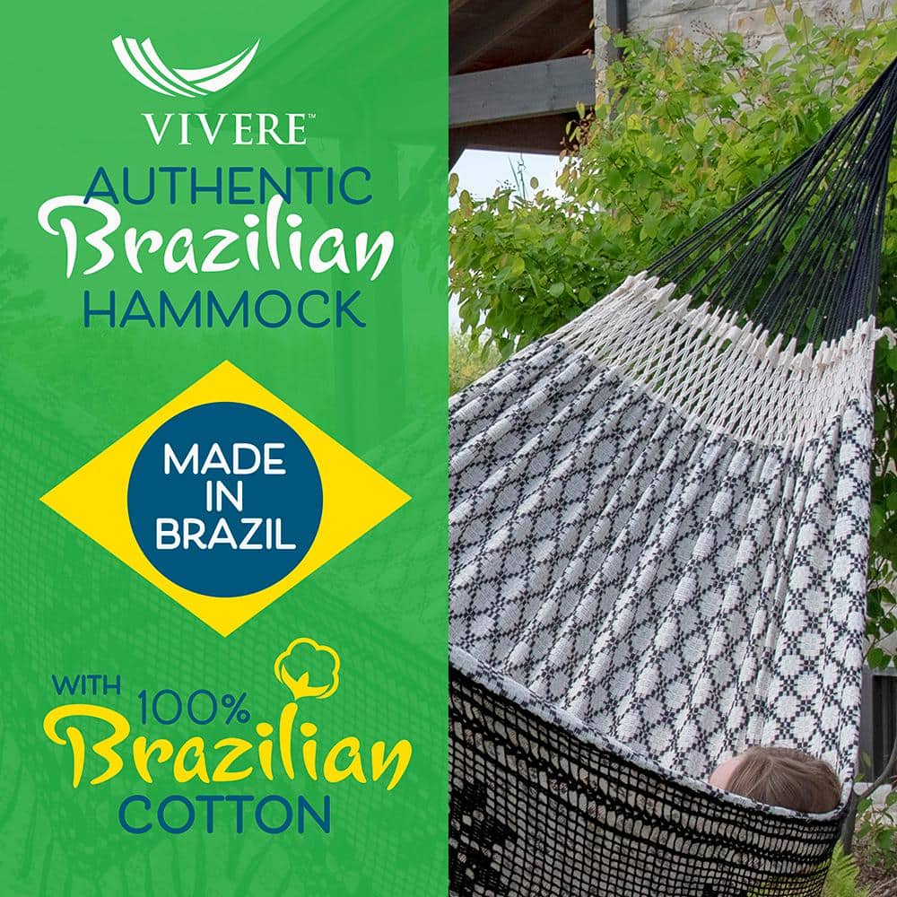 Luxo Black and White Brazilian Cotton Double Hammock with Fringe
