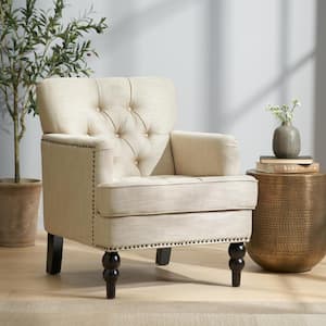 Beige Tufted Fabric Arm Chair with Birch Wood Legs, Nailhead Trims