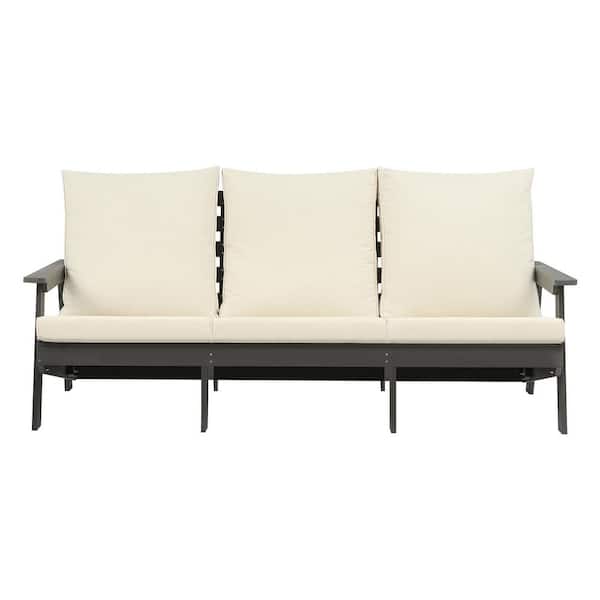 Unbranded Gray HIPS Wood Grain Outdoor Garden Sofa, 3-Seater Sectional Set with Beige Cushions