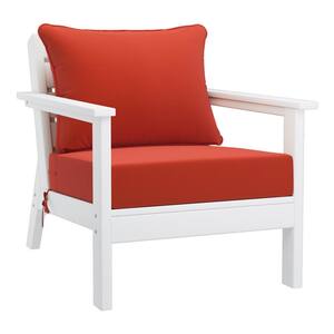 Birchwood Outdoor Patio Deep Seating HDPE Plastic Lounge Chair in White with Orange Cushions