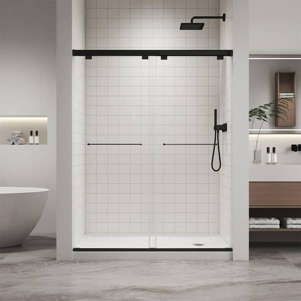 60 in. L x 32 in. W x 76 in. H Alcove Shower Kit with Sliding Frameless Shower Door and Right Drain Shower Pan
