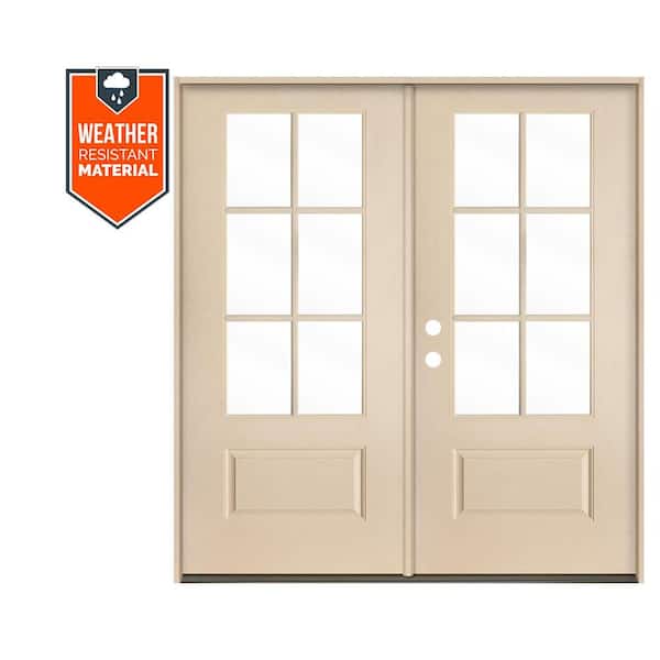 Krosswood Doors UINTAH Farmhouse 72 in. x 79 in. 6-Lite Right-Active/Inswing Clear Glass Unfinished Double Fiberglass Prehung Front Door