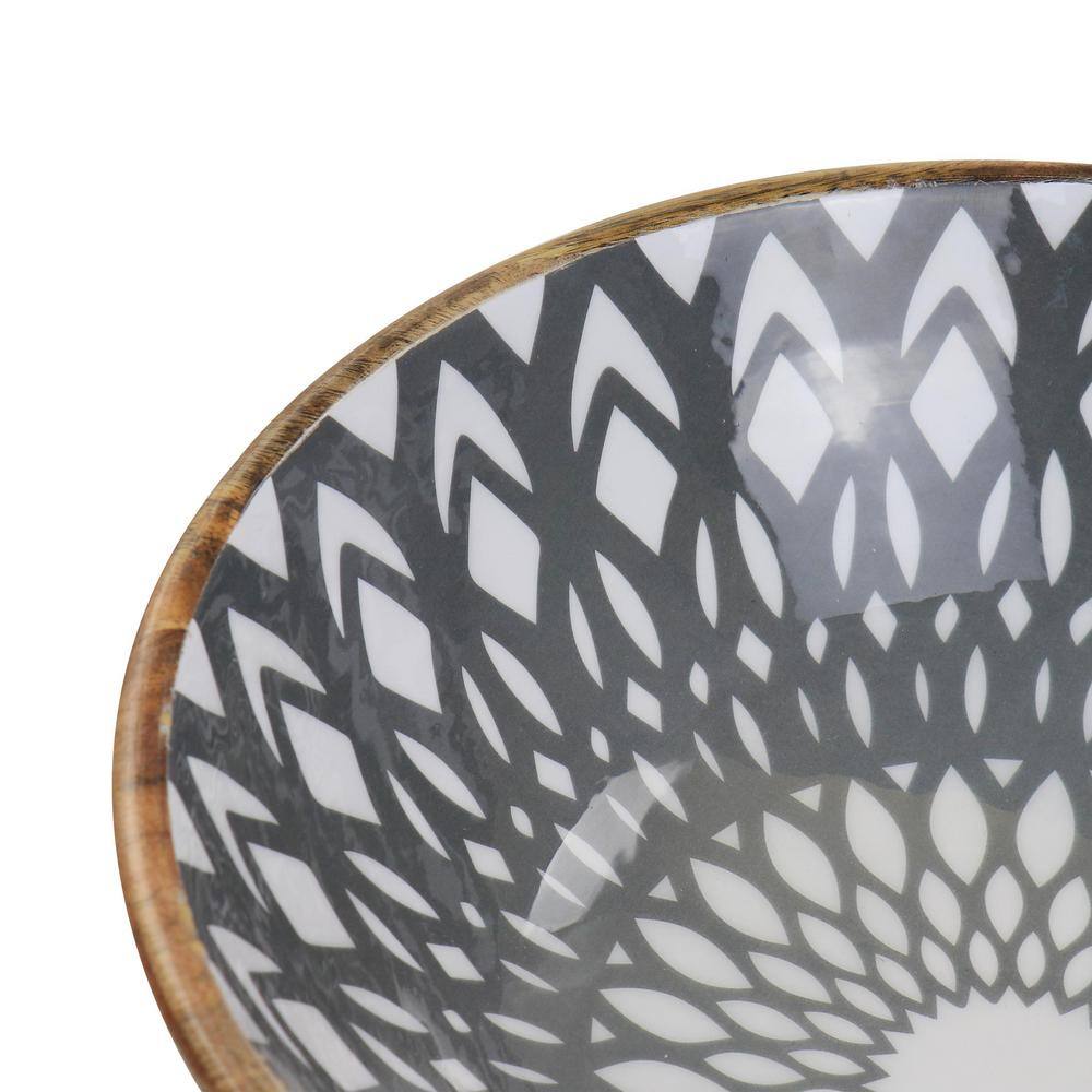 Large Gray Mango Wood Serving Bowl with Enamel Finish