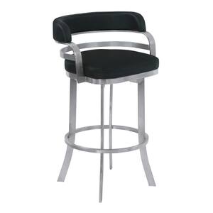 Prinz 26 in. Metal Swivel Bar Stool in Black Faux Leather with Brushed Stainless Steel and Gray Walnut Back