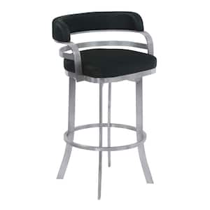 Prinz 30 in. Metal Swivel Bar Stool in Black Faux Leather with Brushed Stainless Steel and Gray Walnut Back