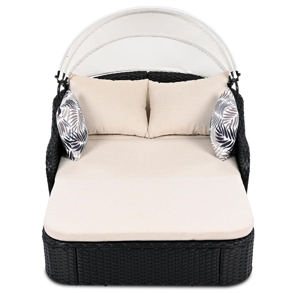 Black Wicker Outdoor Day Bed, Sunbed with Adjustable Canopy, Double lounge,