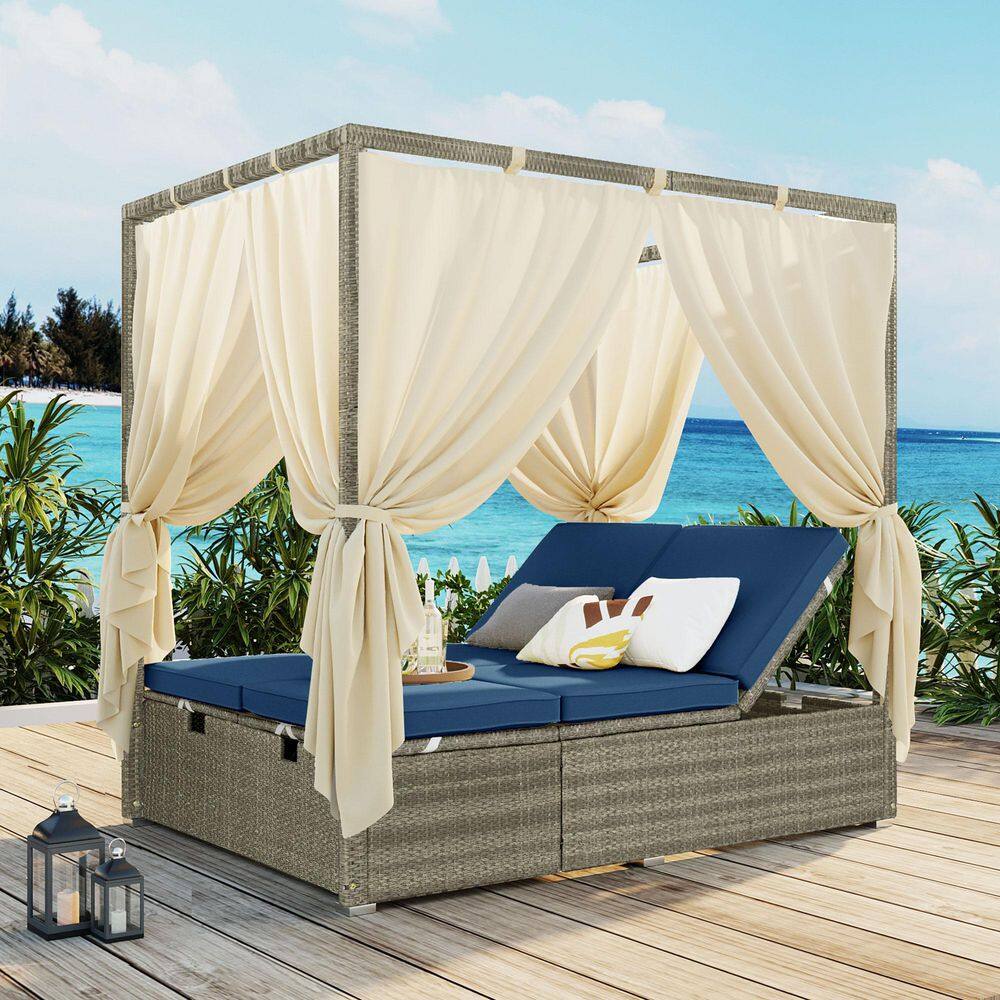 Gray Wicker Outdoor Day Bed with Blue Cushions with Canopy price history on PriceWatchPro