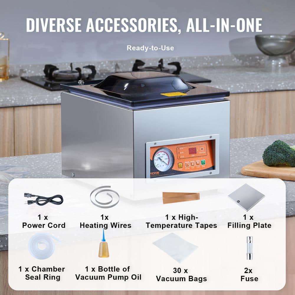 Compact Silver Stainless Steel Chamber Vacuum Sealer with 10.2" Sealing Length