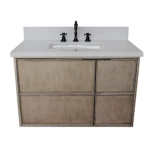 Scandi 37 in. W x 22 in. D Wall Mount Bath Vanity in Brown with Quartz Vanity Top in White with White Rectangle Basin