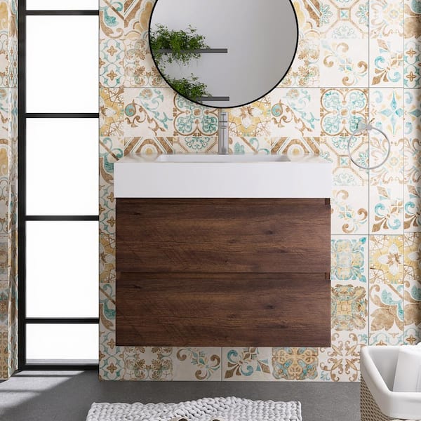 JimsMaison 30 in. W x 18 in. D x 25 in. H Wall Mounted Bath Vanity in Walnut with White Cultured Marble Top