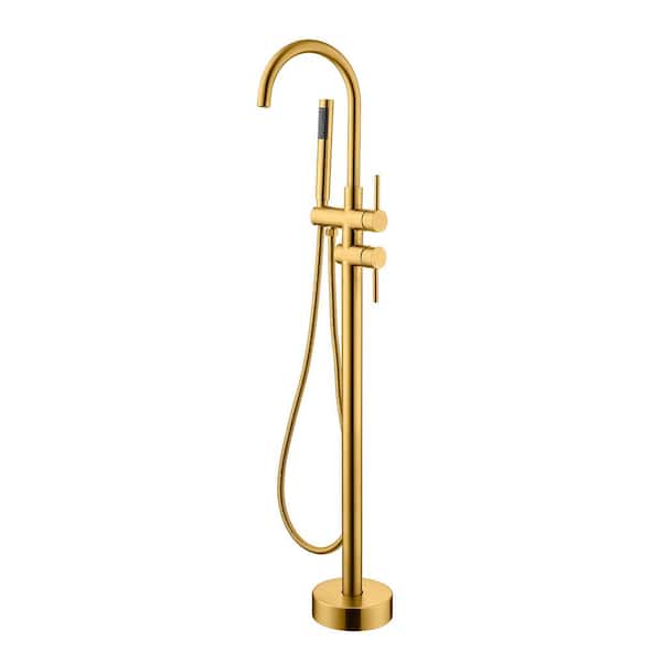 WELLFOR Double Handle Freestanding Tub Faucet with Hand Shower in Brushed Gold